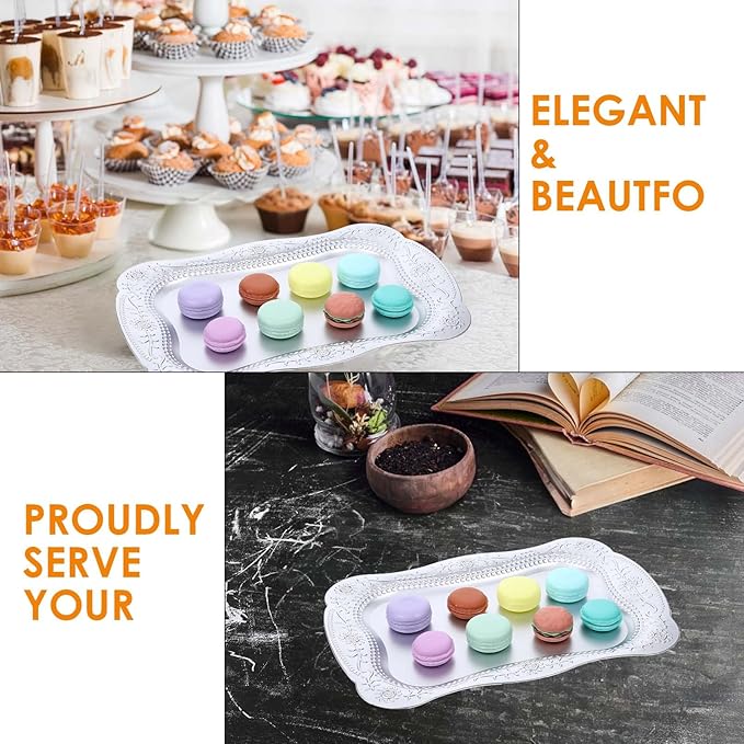 10 Pcs Plastic Serving Trays Rectangle Platters for Dessert Display Tray for Decoration Embossed Serving Platter Dish for Parties, Weddings, Engagements, Birthdays (13" x 9",Silver)