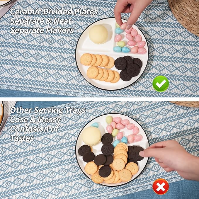 Ceramic Divided Plates Set of 4Pcs, 8 Inch Portion Control Plate, Reusable Bariatric Plate for Adults, 3 Compartment Plates, White Dinner Plates for Balanced Meal, Microwave, Dishwasher Safe