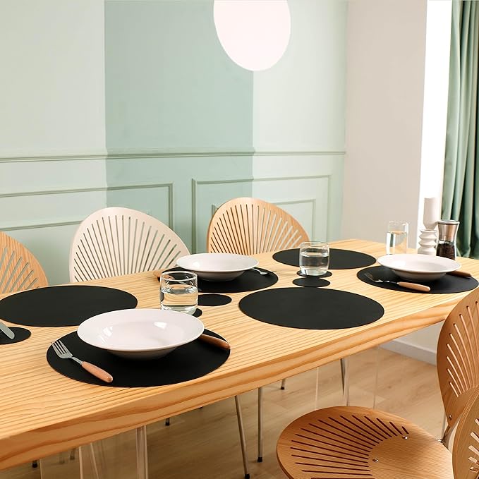 Wipeable Placemats and Coasters Leather Table Mats Waterproof Heat-Resistant Easy to Clean for Dining Table Set Kitchen Table Set of 6, Black
