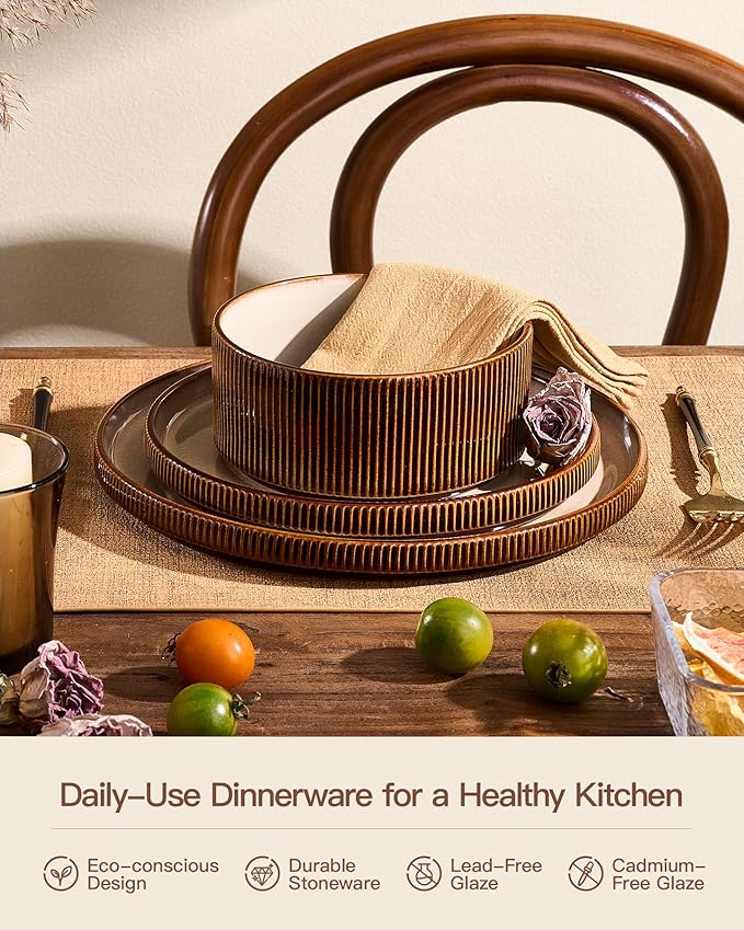 Stoneware Plates and Bowls Dishes Sets Service for 6 (18-Piece), Handcrafted Reactive Glaze Dinnerware Set with Raised Rim, Scratch Resistant, Microwave Dishwasher Safe, Cream Cocoa