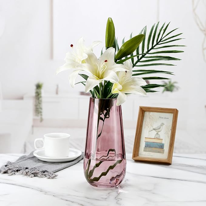 Modern Large Glass Vase H-9.8" Pink Vases for Flowers, Centerpieces and Decorative Accents - Tall Plant Vase for Office Home Table Decor