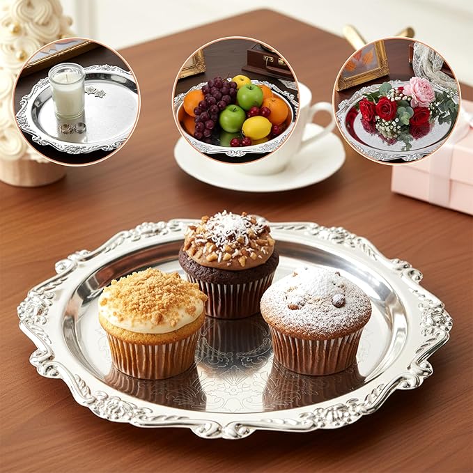 7.8" Silver Tray, Silver Serving Trays Vintage Floral Engraved Mirror Decorative Tray Jewelry Display Trays for Wedding Kitchen Party Centerpiece Display Perfume Organizer