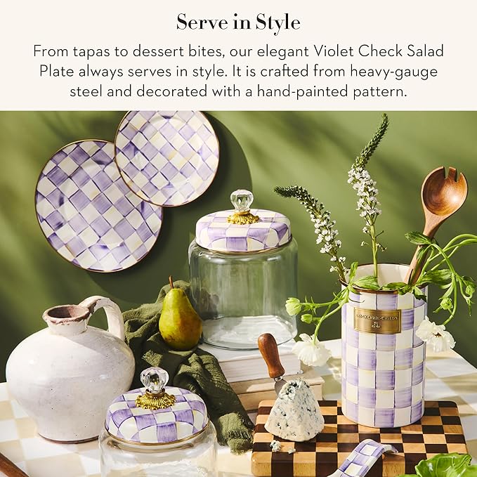 MACKENZIE-CHILDS Enamel Salad and Dessert Plate, Small Plate for a Dessert or Appetizer Dish, 8 Inches, Purple-and-White Violet Check