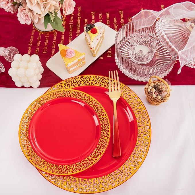 U-QE 150PCS Red and Gold Plastic Plates, Red Disposable Plates with Gold Rim for 30 Guests Include 30 Dinner Plates 10.25", 30 Salad Plates 7.5",30 Forks,30 Knives,30 Spoons Perfect for Party&Wedding