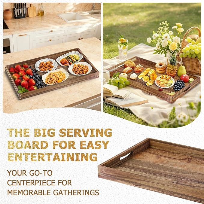MAONAME Extra Large Ottoman Tray, 32 x 18 inches Wooden Serving Tray for with Handles, Acacia Wood Serving Platter Trays for Living Room, Breakfast
