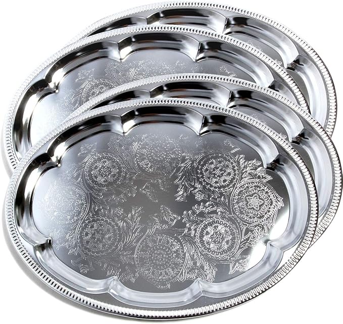 (Pack of 4) 18.1 inch x 13.3 inch Traditional Oval Floral Pattern Engraved Catering Chrome Plated Serving Plate Mirror Tray Platter Metal Tableware Holiday Party Large T225-4PK
