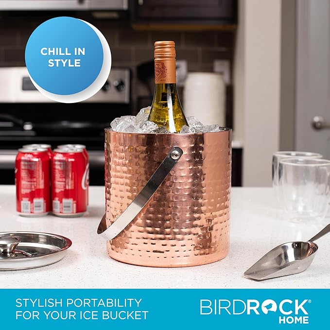BIRDROCK HOME Ice Bucket with Scoop & Lid - 2.8 Liter Hammered 18/8 Stainless Steel Double Wall Insulated Container with Carrying Handle - Ideal for Parties, Cocktails, and Beverages - Copper