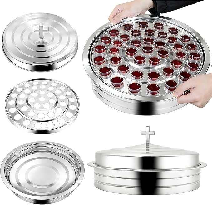 Stainless Steel Communion Tray with Lid - 40 Holes Church Communion Supplies Set, Stackable Worship Tray for Church Services, Weddings & Gatherings (Silver, Cups Not Included)