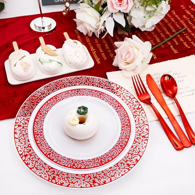 U-QE 150PCS Red Plastic Plates with Plastic Silverware, Red Disposable Plates Include 30 Dinner Plates 10.25", 30 Salad Plates 7.5",30 Forks,30 Knives,30 Spoons Perfect for Party