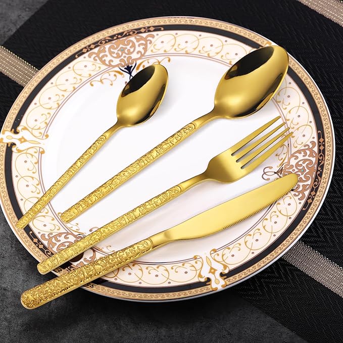 24 Pcs Gold Hammered Silverware Set Service for 6,Stone Pattern Vintage Stainless Steel Flatware Set,Cutlery Utensil,Durable Kitchen Eating Tableware Set,Ripple Fork Knife Spoon Set,Dishwasher Safe