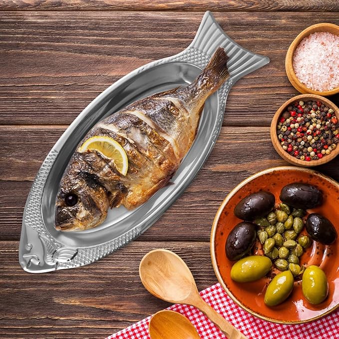Cabilock Fish Shaped Steamed Fish Plate with Magnetic Base Stainless Steel Serving Tray 15.74 Inch Mirror Finish for Kitchen Dining and Entertaining