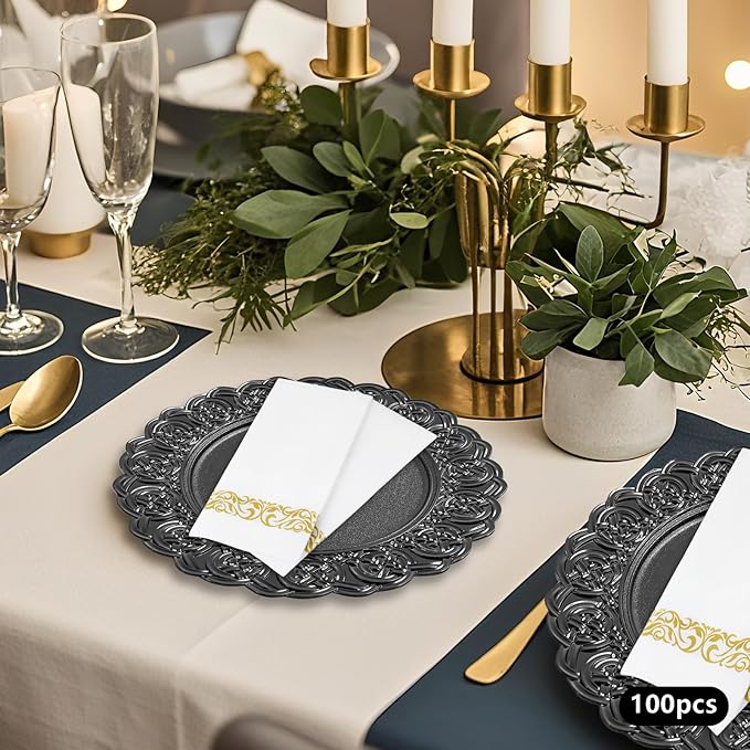 100 Pcs Antique Charger Plates Bulk 13 Inch Embossed Rim Plastic Party Dinner Plate Chargers Round Decorative Server Plate for Wedding Party Event Tableware (100pcs-black2)