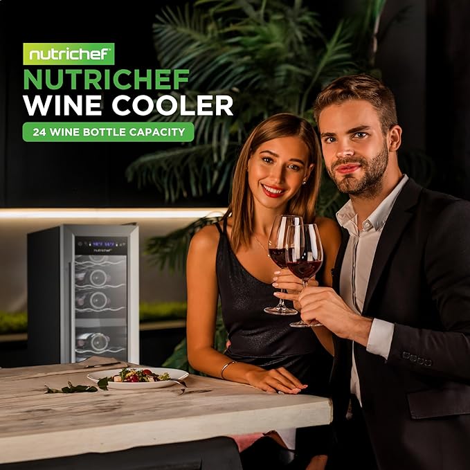 Nutrichef 24 Bottle Wine Fridge | Dual Zone Wine Chiller | Adjustable Temperature 41°F to 64°F | Ultra Quiet Operation | Wine Cooler For Home, & Office | Free Standing 39x11x23 IN (Black)