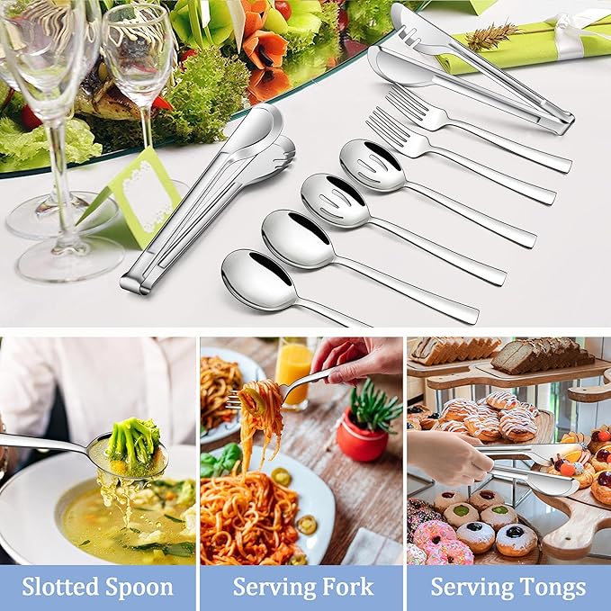 LIANYU Serving Utensils Set of 8, Stainless Steel Serving Spoons, Slotted Spoons, Forks, Metal Tongs for Kitchen Buffet Party Banquet Entertaining, Mirror Finished, Dishwasher Safe