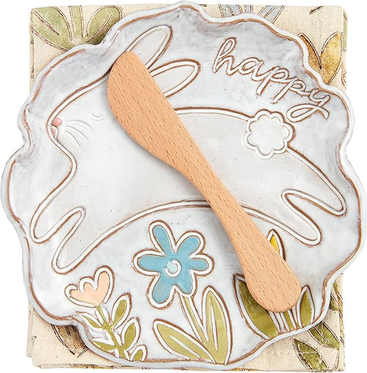 Mud Pie Bunny App Plate Set, Jumping; plate: 6.5"dia; towel: 16.5"