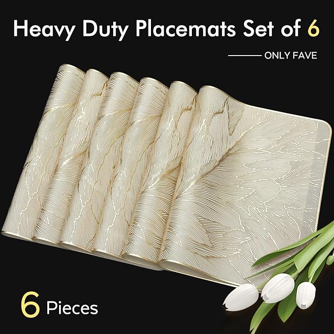 FAVE 6PCS Placemats Gold Placemats Vinyl Placemats Set of 6 Golden Table Mats Reusable Metallic Shiny Gold Place mats for Wedding, Banquet, Birthday, Party, Restaurant （15 x15,Rectangular Feather）