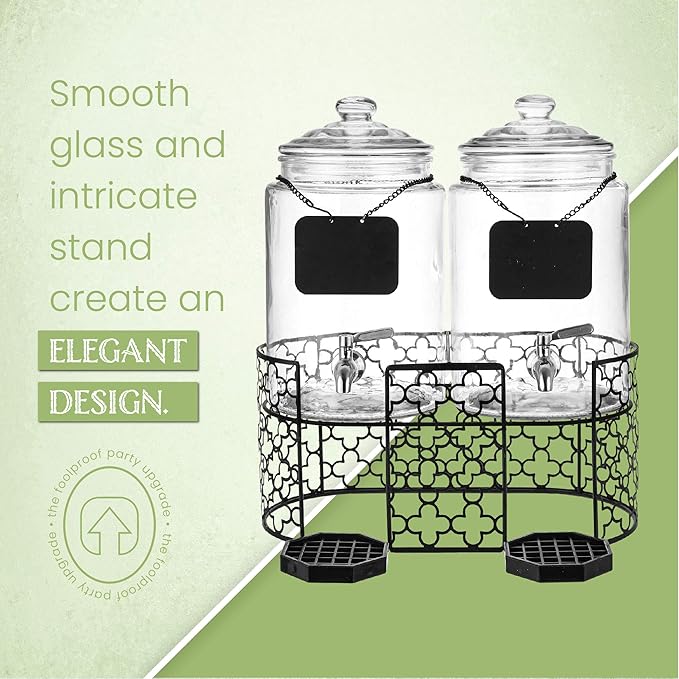 Dual 1.5 Gallon Glass Beverage Dispensers for Parties with Decorative Metal Stand, Stainless Steel Spigot,- Double Drink Dispenser Station for Parties, Weddings, Holidays
