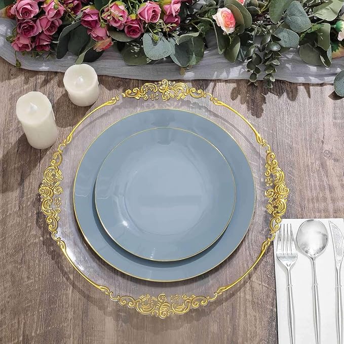 Efavormart 10 Pack | 10" Glossy Dusty Blue Round Plastic Dinner Plates With Gold Rim, Disposable Party Plates