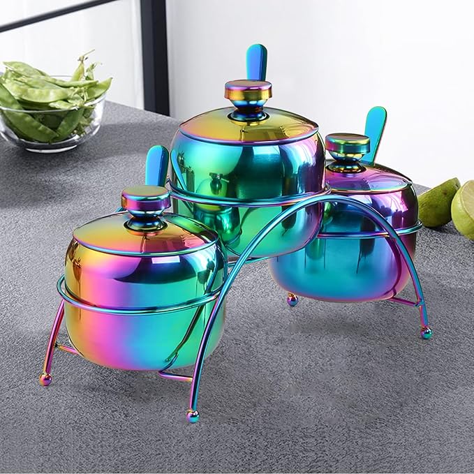 Buyer Star 3-Piece 304 Stainless Steel Seasoning Containers Set with Lid Spoon and Rack, salt and sugar container sets, Condiment Canisters Pots for Serving Sugar, Pepper, Salt, Spice (Rainbow)