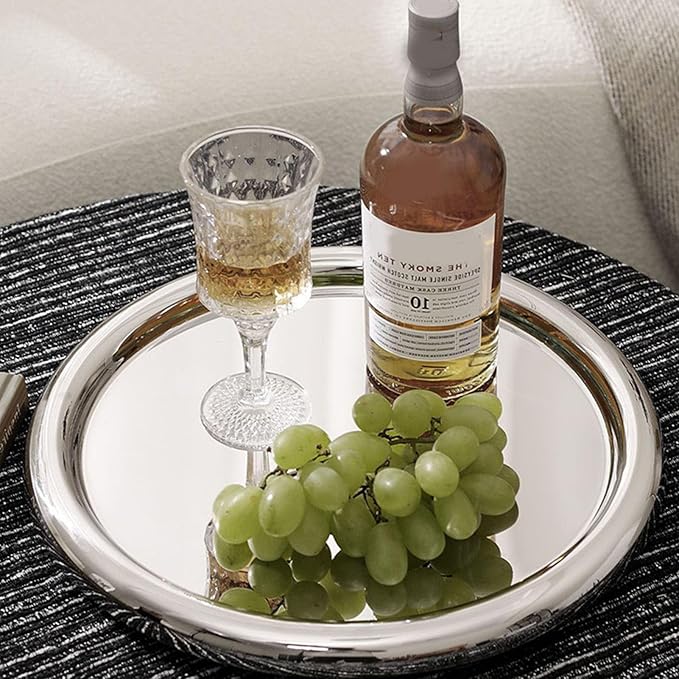 Stainless Steel Round Serving Tray, 35cm Mirror Polished Rustproof Tray with Smooth Edges for Drinks Snacks Desserts Whiskey Home Decor