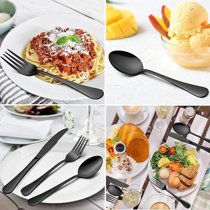 Vesteel 45 Pieces Black Silverware Set with Serving Utensils, Stainless Steel Modern Flatware Cutlery Set for 8, Eating Utensils Tableware Include Forks Knives Spoons, Mirror Polished