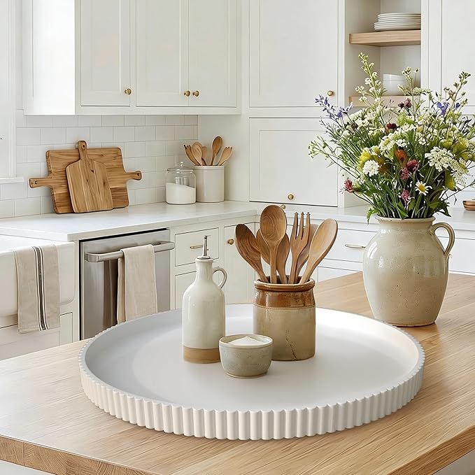 24" Round Extra Large Ottoman Serving Tray - Rustic Wooden Table Tray for Farmhouse Decorative Oversized Coffee Table Trays Living Room Kitchen Counter Breakfast White
