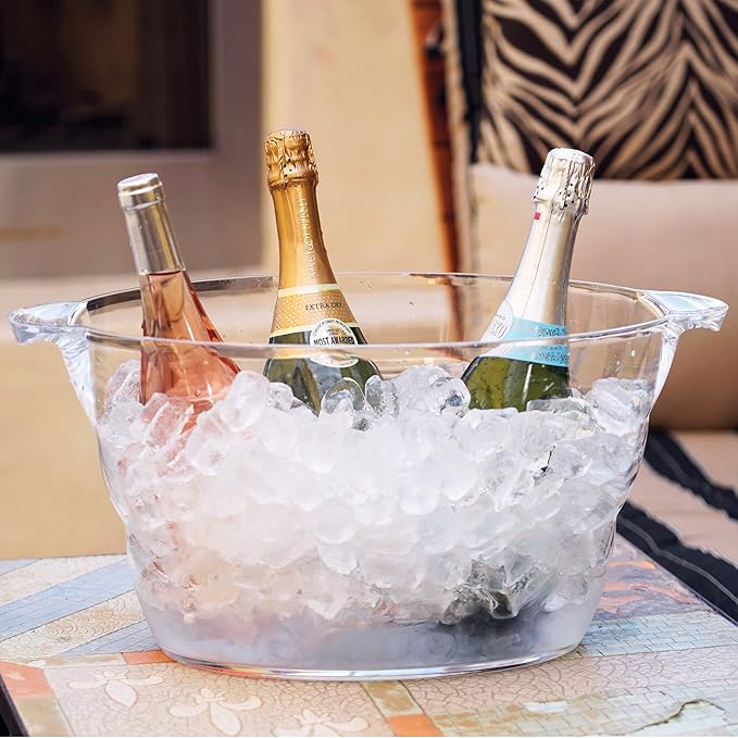 Oggi Acrylic Oval Party Tub - Clear Beverage Cooler w/Handles, Wine Cooler, Beer Chiller, Ideal Party Tubs for Drinks, Use Ice Tub for Indoor or Outdoor Bars, 18.5" x 11"