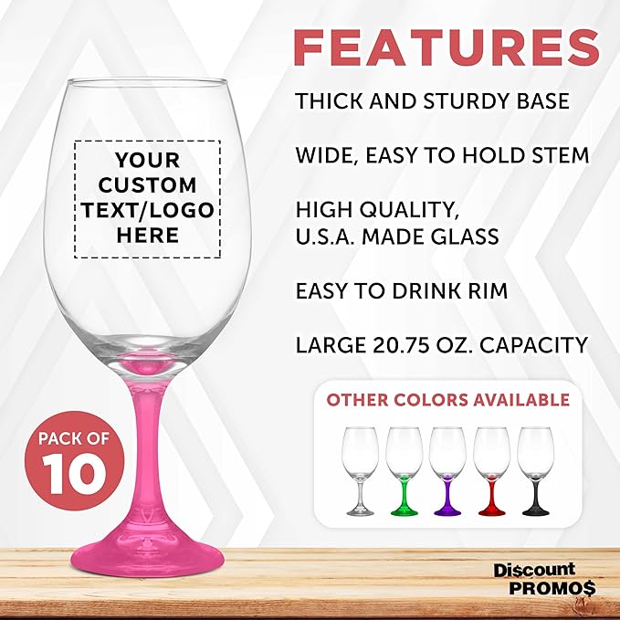 Custom Rioja Grand Wine Glasses 20.75 oz. Set of 10, Personalized Bulk Pack - Perfect for Hotel, Bar, Restaurant or Lounge - Pink