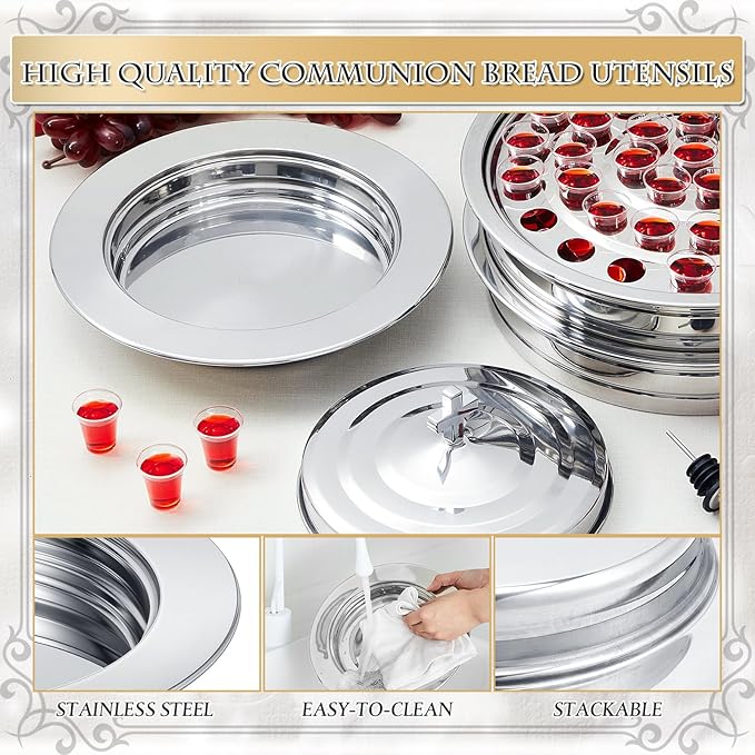 Zhehao 1 Plates Silver Communion Set, Holy Trays with Lid, Stainless Steel Bread Tray Plates for Churches, Holy Communion Tray with Cover, Polished Church Supplies Ware Sets