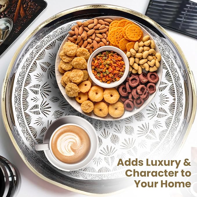 Round Serving Tray with with Handles Antique Look & Stylish Design Decorative Trays for Kitchen Round Ottoman Tray for Dinning Living Room & Home Decor Pack of 2 (Black-Gold)