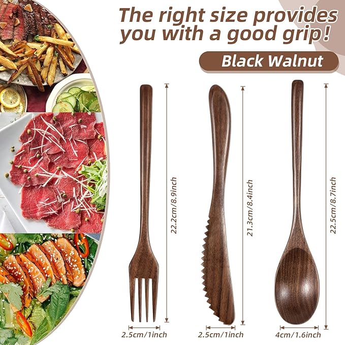 Geiserailie 12 Pcs Wooden Utensils for Eating Set Wooden Spoon Fork Knife Cutlery Set Kitchen Wood Utensils Dinner Flatware Tableware (Walnut Wood)