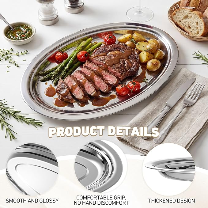 12 Pcs Stainless Steel Oval Platter Set Bulk Heavy Duty Mirror Polished Serving Tray Sliver Large Metal Display Serving Platter Dinner Trays for Table Food Home Dishwasher(14 Inch)