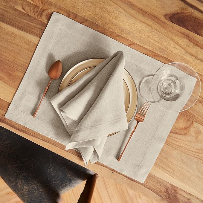 Solino Home 100% Pure Linen Placemats Set of 6 - Flax 14 x 19 Inch Table Place Mats for Christmas, New Year - Sonoma, Machine Washable