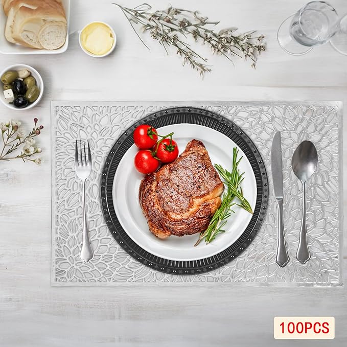 100 Pcs Round Serving Plates 13in Antique Charger Plates Bulk Plastic Charger Plates Set with Stackable &　Edge Texture Pattern Table Chargers for Parties, Weddings, Banquets, Restaurants（Black）