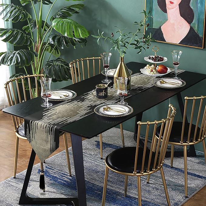 Black Table Runner 72 Inches Long Handmade Embroidery Modern Abstract Striped Pattern with Ring Stylish Tassels for Home Living Room Bedroom Dinner Room Kitchen Art Decor Thanksgiving