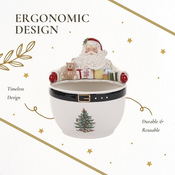 Spode Christmas Tree Santa 9-Inch Nut Bowl – Decorative Earthenware Bowl for Candies, Nuts, Desserts & Holiday Treats – Elegant Christmas Tableware with 22-Karat Gold Accents