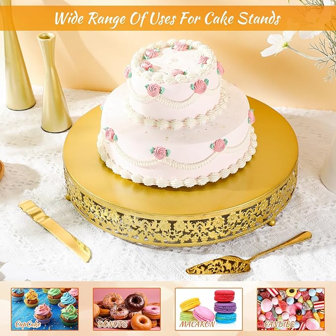 Wenqik 16 Inch Christmas Cake Stand Gold Metal Round Cupcake Dessert Stand with Cake Cutting, Spatula Xmas Cupcake Pastry Display Candy Holder Display for Xmas Wedding Birthday Party(flower, 16 Inch)