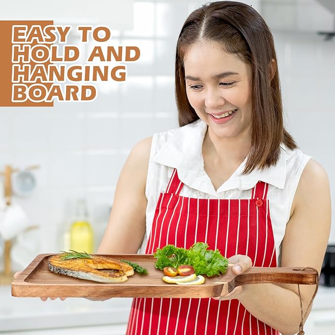 Tanlade 16 Pcs Acacia Wood Cutting Board with Handle Chopping Boards Decorative Charcuterie Platter Pizza Bread Cheese Fruit Serving Tray for Kitchen Counter Table Christmas Decorate (15.8 x 12 Inch)