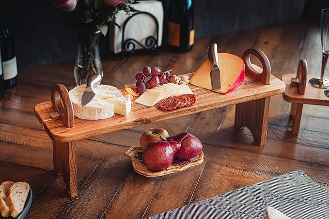 Acacia Wooden Serving Board on Stand – Raised Wood Serving Trays Platter – Home Kitchen Countertop Organizer Shelf & Large Charcuterie Tray for Cheese Party Food 21.5 X 6 x 8.7 inches