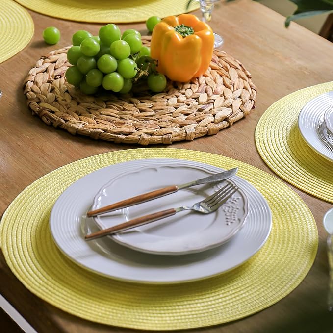 FunWheat Round Braided Placemats Set of 8 Table Mats for Dining Tables Woven Washable Non-Slip Place mats 15 inch(Lemon Yellow, 8pcs)