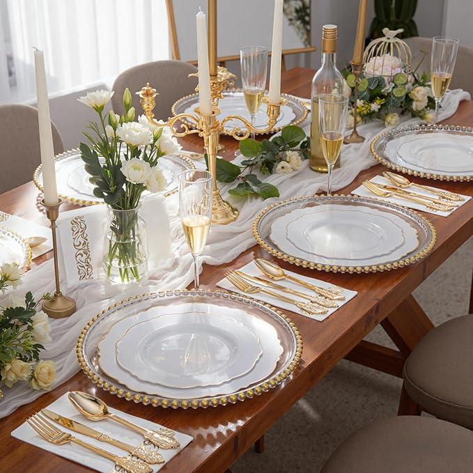 WDF 300 Pieces Gold Plastic Silverware Disposable - Heavy Duty Christmas Plastic Cutlery - Gold Silverware Sets Includes 100 Forks, 100 Spoons, 100 Knives