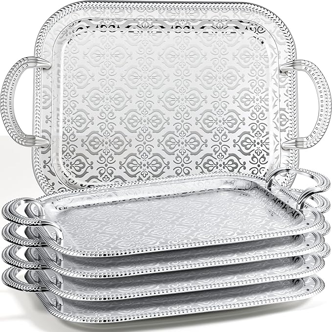 4 Pcs Silver Serving Tray with Handles Elegant Victoria Floral Engraved Metal Platters Large Decorative Trays for Buffet,Wedding Party, Jewelry Display, Service(Retro,Sliver)