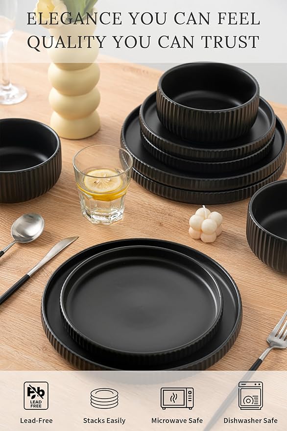 Modern Plates and Bowls Set for 6,18 Piece Black Ceramic Dinnerware for Stylish Families – Microwave Safe Dish Set for Daily Dining