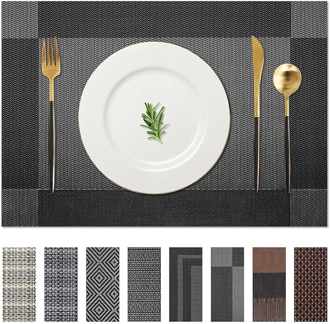 AHHFSMEI Placemats for Dining Table Set of 4 Woven Vinyl Plastic Place Mats Non-Slip Heat Insulation Stain Resistant Table Mats Washable Easy Clean Placemats (Black Corner,4)