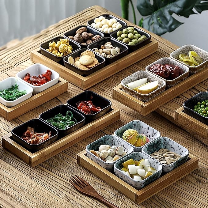 Sauce Dipping Saucer Sauce Dipping Bowls 3.3 Oz Soy Sauce Dipping Bowls Side Dish Plates for Snack Sushi Fruit Appetizer Dessert Ceramic Dip/Dipping Bowls Set Of 3 with Bamboo Tray Soy Sauce Bowls Di