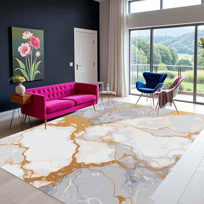 Throw Rug 6x9 for Living Room Bedroom Modern Abstract Grey White Gold Marble Texture Indoor Area Rugs Under Dining Room Table Washable Non Skid Soft Big Carpet Unique Art Deco Home Office Floor Mat