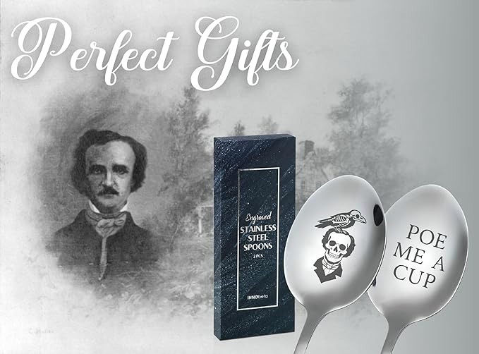 Edgar Allan Poe Gifts for Men & Women, 2 Pcs Engraved Stainless Steel Spoons, Perfect for Birthday & Christmas
