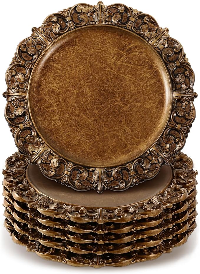 6 Pcs Antique Gold Charger Plates Bulk 13 Inch Embossed Rim Plastic Round Decorative Vintage Plates Charger for Dinner Wedding Party Event Table Setting Decoration (Vintage)