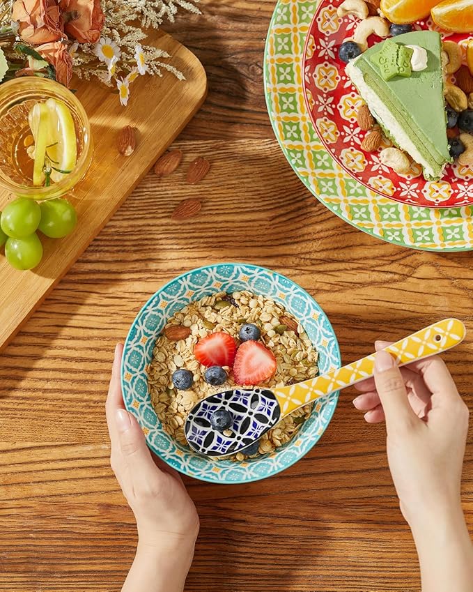 Long Handle Spoons, 8.5" Ceramic Serving Spoon for Cereal, Soups, Stews, Ice Cream, Colorful Decorative Spoons, Dishwasher & Microwave Safe, Assorted Colors, Set of 6