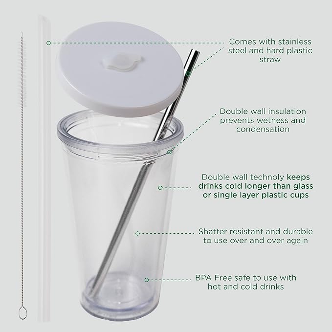 Kensal Home Reusable Iced Coffee Cup (16 Oz/Grande), Leak Proof and Double Wall Insulated Iced Coffee Tumbler, Come with Reusable Plastic and Metal Straws and Straw Cleaner - White